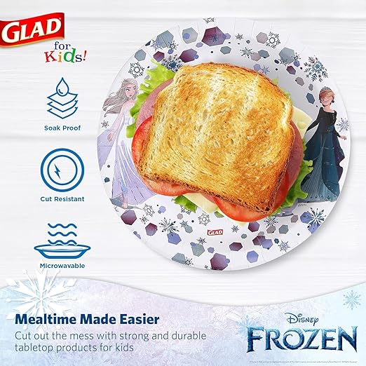 Glad for Kids Disney Frozen Disposable Paper Plates, Anna and Elsa - Heavy Duty, Soak Proof, Microwavable, Kid-Friendly Snack Plates for Everyday Use, 8.5 Inch, 40 Count - 2 Pack