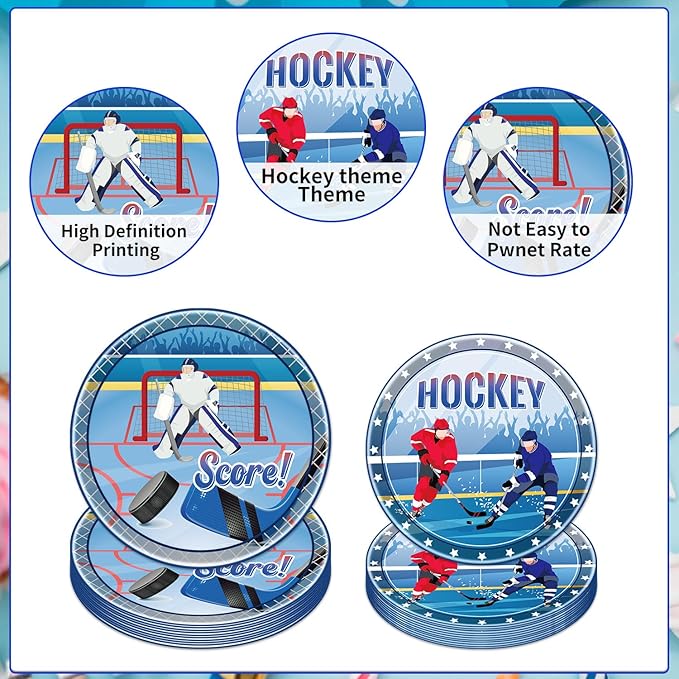 Rakuto Hockey Birthday Decorations Supplies, 96PCS Disposable Hockey Paper Plates and Napkins Forks, Sports Party Baby Shower Decor Tableware Set Dinnerware (24 Guests)