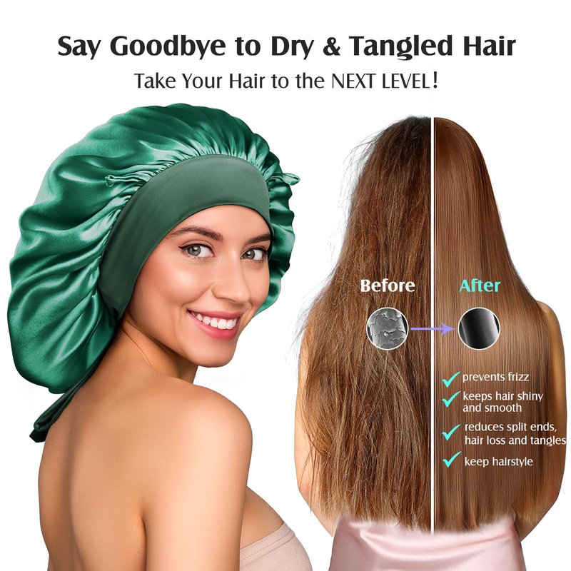 YFONG 100% 22 Momme Mulberry Silk Bonnet for Sleeping Women, Larger Double Layer Silk Hair Wrap for Curly Short Long Hair, Non-Slip Sleep Shower Cap Turban with Elastic Tie Band, Deep Green