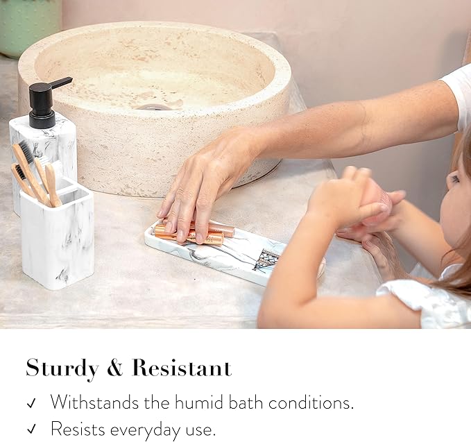 ZCCZ Bathroom Accessory Sets, 4 Pieces Bathroom Accessories Complete Set Vanity Countertop Accessory Set with Marble Look, Includes Lotion Dispenser Soap Pump, Tumbler, Toothbrush Holder and Tray