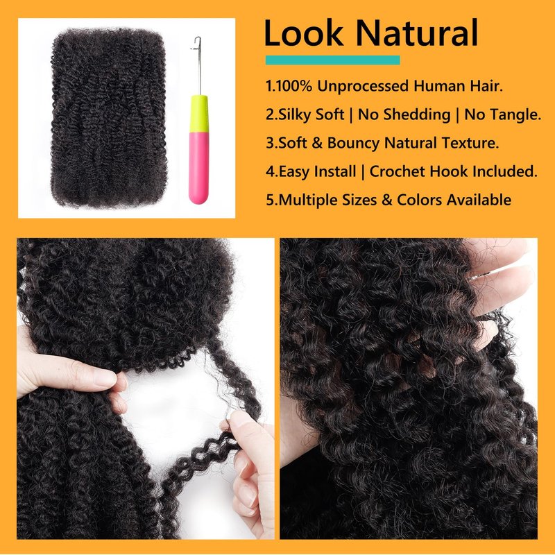 EV&ET Pre-sretched Afro Kinkys Bulk Human Hair Human Hair for Locs/Twists/Braids/Repair Locs Afro Kinky Curly Bulk Can Bleach And Dye (Natural black, 12inch 50g)