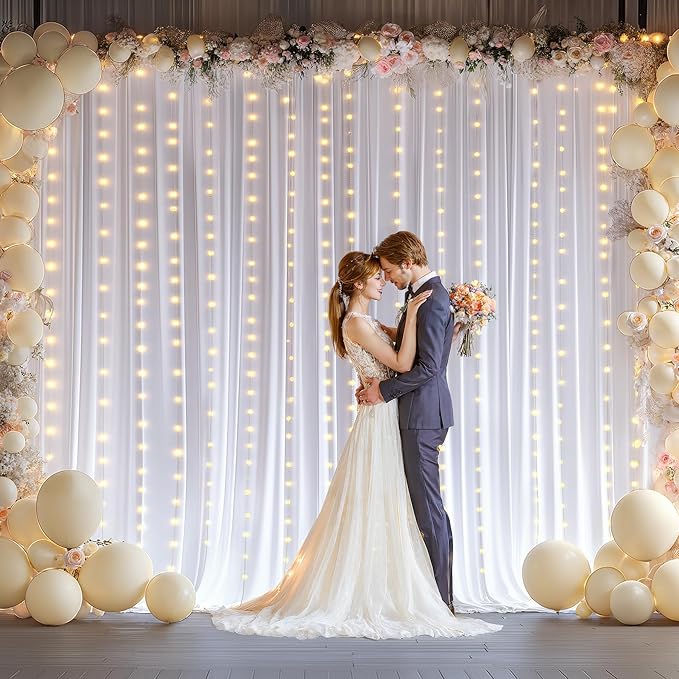 20 x 10ft White Backdrop Curtains with Lights String for Wedding Polyester Photo Backdrop Drapes Wrinkle Free White Long Curtains for Birthday Parties Reception Baby Shower Ceremony-10 x 5ft x 4Panels