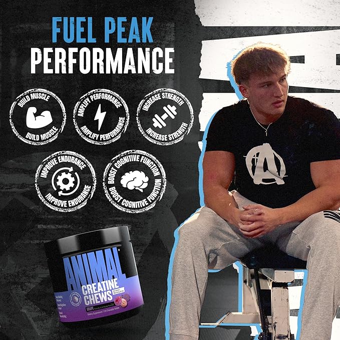 Animal Creatine Chews Tablets - Enhanced Creatine Monohydrate with AstraGin to Improve Absorption, Sea Salt for Added Pumps, Delicious and Convenient Chewable Tablets - Grape