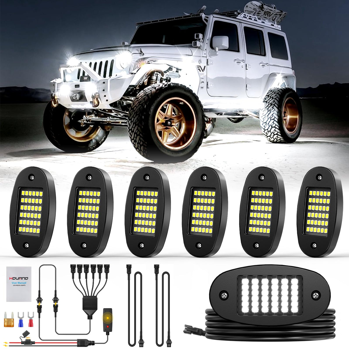 Hovano 6 Pods White Rock Light Kit with Wired Switch - 6500K Pure White LED Underglow, IP68 Waterproof, Super Bright 36 LEDs for
