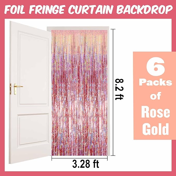 6 Pack Rose Gold Foil Fringe Curtains Backdrop, 3.28 x 8.2 Ft Metallic Streamers Tinsel Curtains Background for Photo Booth, Birthday, Christmas, Halloween, Thanksgiving, New Year Party Decorations