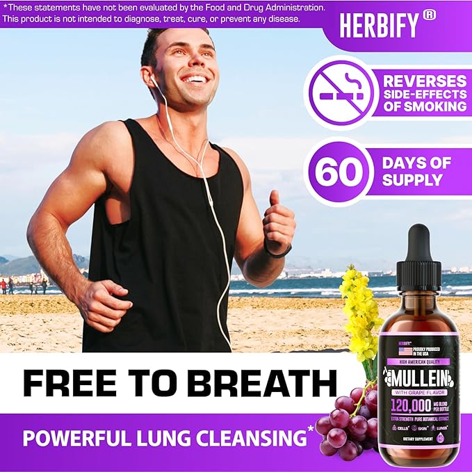 HERBIFY Mullein Drops - Lung Cleanse - Leaf Extract - Powerful Mullein for Immune Support, Detox & Respiratory Support - Made in USA - Herbal Supplements - 4 Oz Grape Flavor