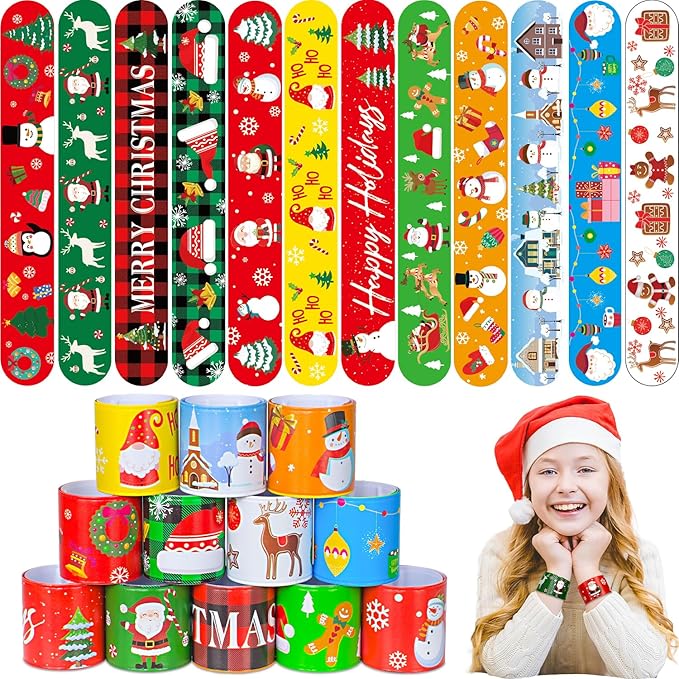 48 Pcs Christmas Slap Bracelets - 12 Styles for Party Favors, Stocking Stuffers & Decorations