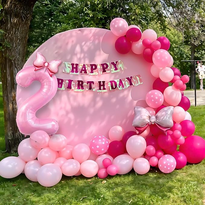 Pink 2nd Birthday Balloons Decorations, Hot Pink Rose Polka Dots Balloons Arch Kit, Huge Bow Foil Balloon, pink Number 2 Balloon Tower for Baby Shower Girls Princess 2nd Theme Party