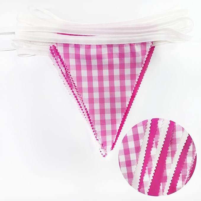 32Ft Hot Pink Party Decorations Pink Buffalo Plaid Checkered White Triangle Flag Gingham Pennant Fabric Garland Streamers for Wedding Birthday Baby Shower Anniversary Party Picnic Garden Decor