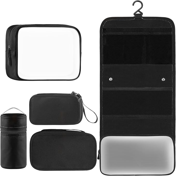 Toncoke Travel Toiletry Bag Set, Hanging Toiletry Bag Premium Faux Leather, Toiletry Bag for Women & Men, Travel Essentials Makeup Bag Water-resistant, Black