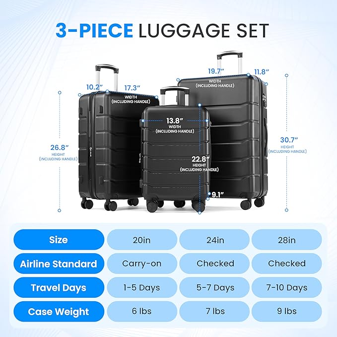 Simple Deluxe 28 Inch Expandable Hardside Carry On with Spinner Wheels & TSA Lock, ABS Hard Shell Lightweight Rolling Luggage Suitcase, Black
