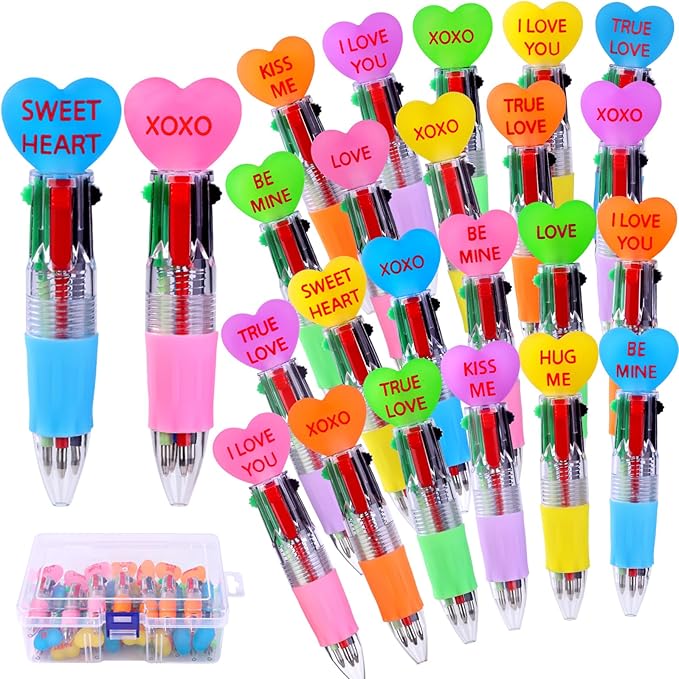 24pcs Valentine's Day Hearts Pens Cute Cartoon Multicolor Pen Fun 4-in-1 Pens Bulk Be Mine Love XOXO Valentines Stationery Party Favors School Supplies Students Rewards