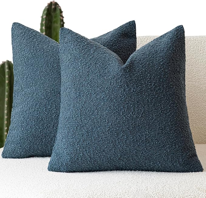 Foindtower Pack of 2, Decorative Textured Boucle Throw Pillow Covers Accent Solid Pillow Cases Cozy Soft Couch Cushion Case for Chair Sofa Bedroom Living Room Home Decor 22 x 22 Inch Blue