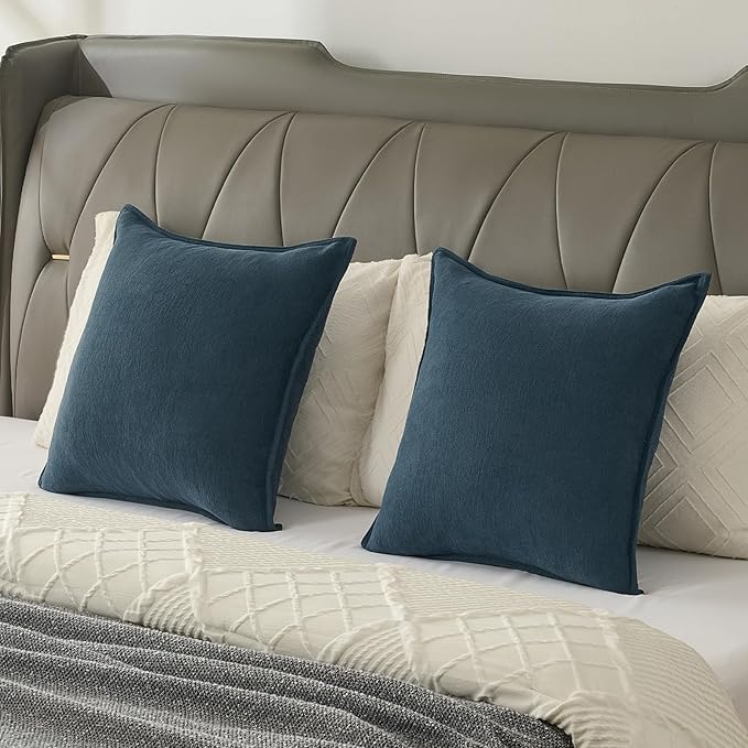 FUTEI Navy Blue Chenille Throw Pillow Covers 16x16 Inch Set of 2,Edges Double-Stitched Cushion Cases,Modern Home Decor for Couch Living Room