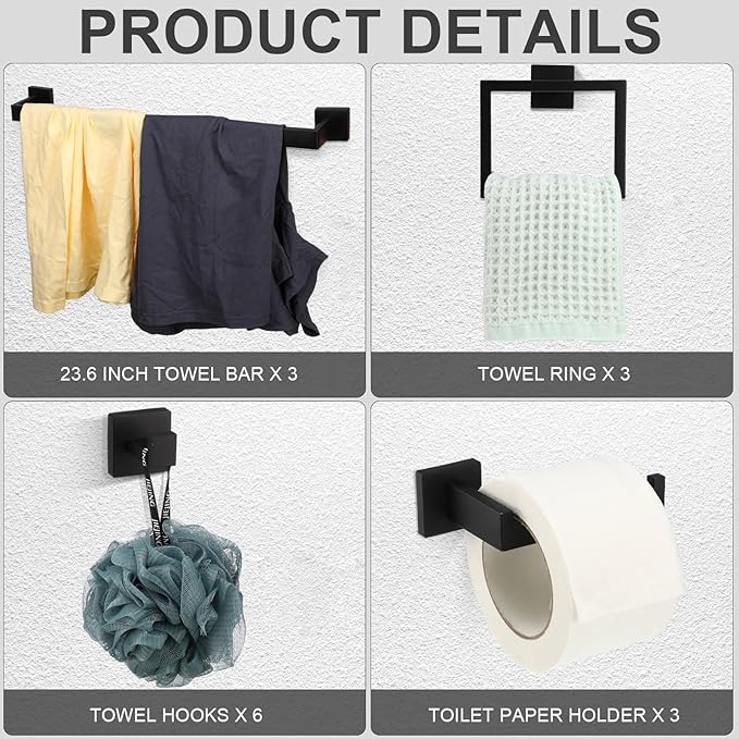 Gisafai 15 Pcs Bathroom Hardware Accessories Set 23.6 Inch Bath Towel Bar Kit Stainless Steel Bathroom Hardware Set Towel Racks Ring Hooks Paper Holder for Wall Mounted (Black)