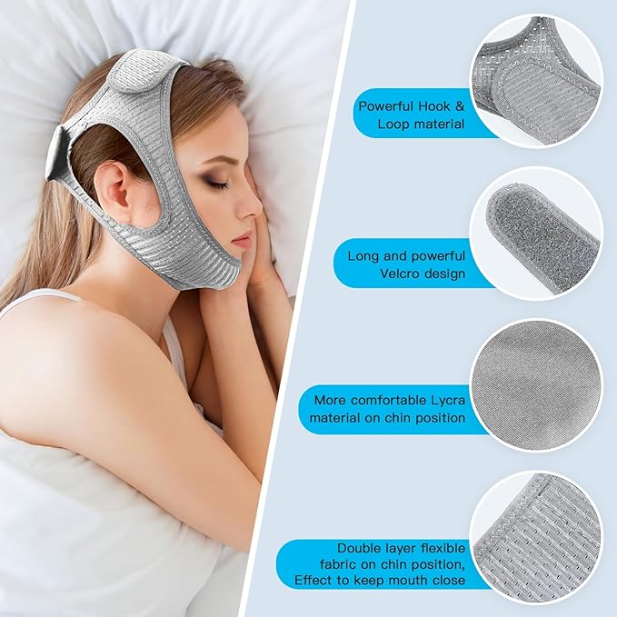 Vosaro Anti Snoring Chin Strap, Stop Snoring Device for Sleeping, Effectively Snoring Solution for Men and Women, Adjustable & Breathable Keep Mouth Closed Chin Strap, Grey