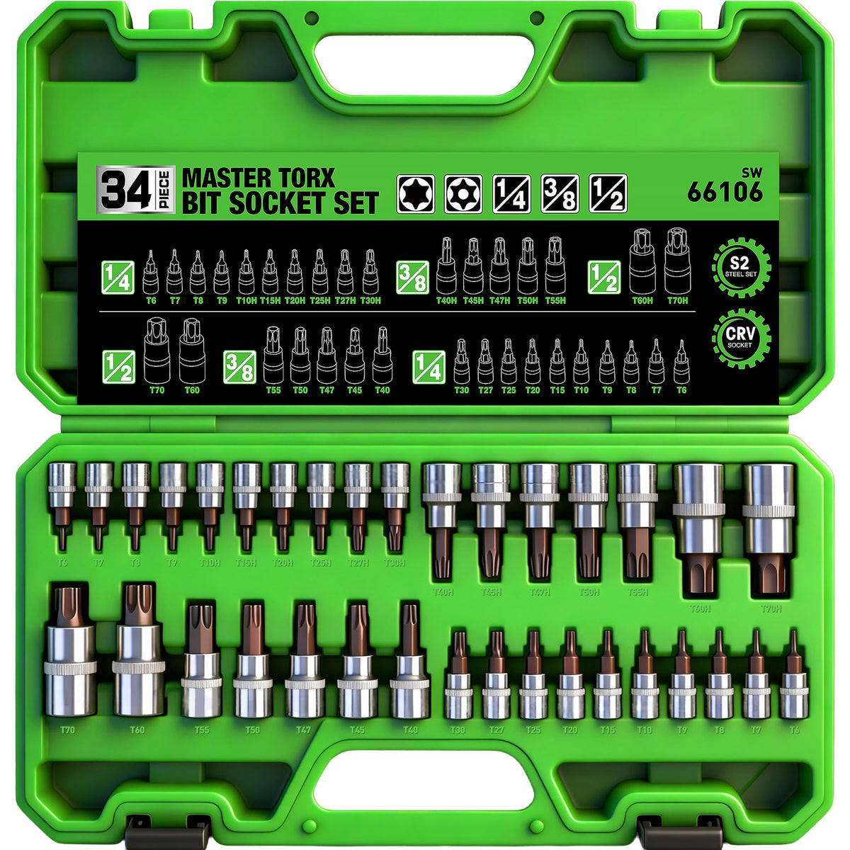 34-Piece Torx Bit Socket Set, Tamper Proof T6-T70, Solid Star Bits Set, Premium CR-V & S2 Alloy Steel Star Socket Sets, Torque Bit Sets with Storage Case