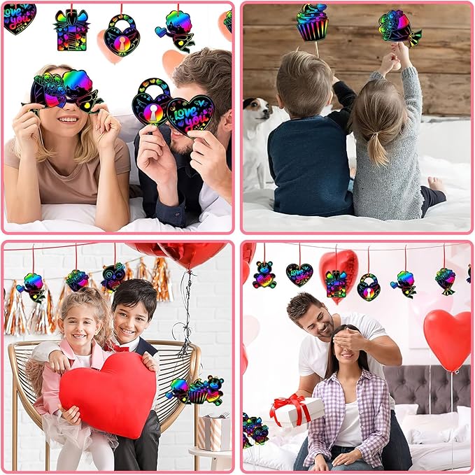 JULMELON Valentine Crafts for Kids, 36 Pack Heart Shape Scratch Art Paper Crafts Kit Magic Rainbow Scratch Cards Hang Tags Goody Bag Stuffers Valentines Day Gifts for Kids