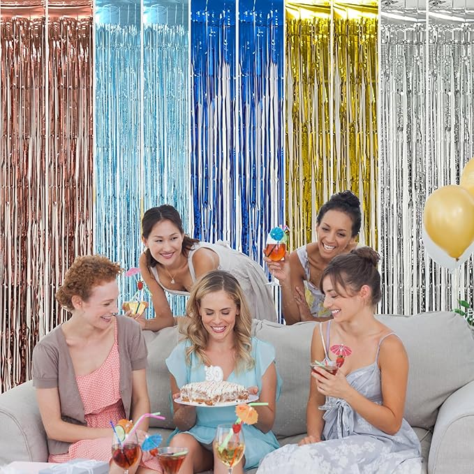 10 Pck Light Blue Foil Curtain Backdrop Metallic Tinsel Foil Fringe Curtains Photo Booth Props for Birthday Wedding Engagement Bachelorette Christmas Holiday Celebration Party Decorations Supplies
