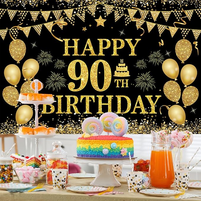 90th Birthday Decorations for Women Men - Happy 90th Birthday Banner Decorations Black Gold Welcome Background Sign for Cheers 90 Years Birthday Party Supplies Decor Indoor Outdoor (71 x 45 inch) ﻿