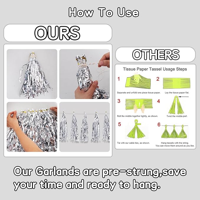 BEISHIDA 3 Packs Silver Metallic Foil Fringe Tassel Garland, Tassels Banner Streamers for New Year Silver Wedding Engagement Graduation Birthday Bridal/Baby Shower Christmas Holiday Party Decoration