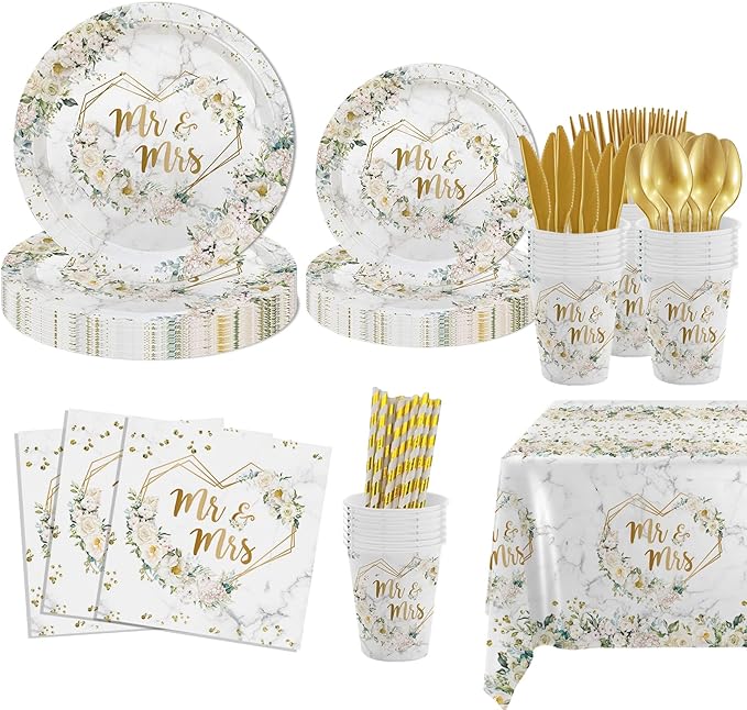 MEHOFOND 193 pcs White Wedding Party Decorations, Mr and Mrs Paper Plates Cup and Nakpins Set, Floral Wedding Disposable Dinnerware with Tablecloth, Bridal Shower Disposable Party Supplies, 24 Guests
