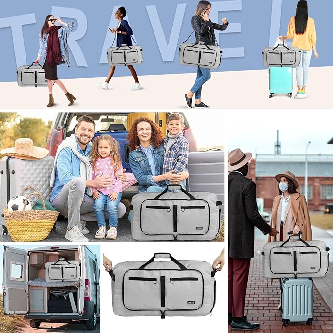 Fmeida 65L Duffle Bag with Shoes Compartment, Foldable Travel Duffel Bags for Men Women, Large Packable Travel Bag Water Repellent & Tear Resistant (Light Gray)