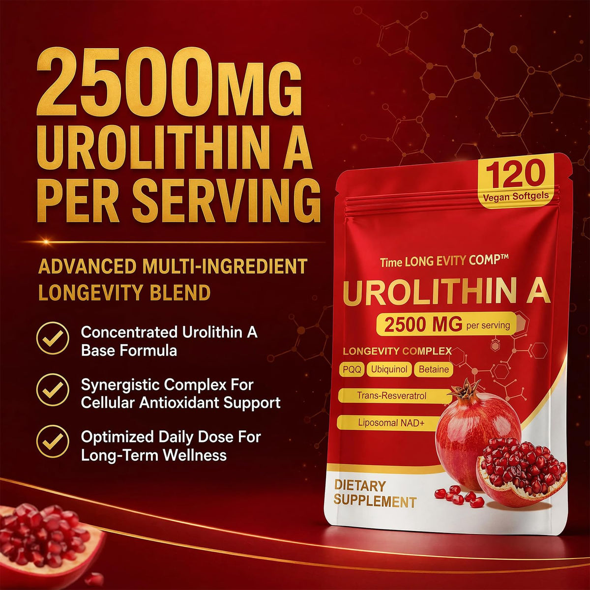 Urolithin A Supplement 2500mg with NAD+, Resveratrol, CoQ10 & PQQ, High Potency 5-in-1 Longevity Formula, Mitochondrial Support for Healthy Aging, Energy & Muscle Strength, 120 Softgels