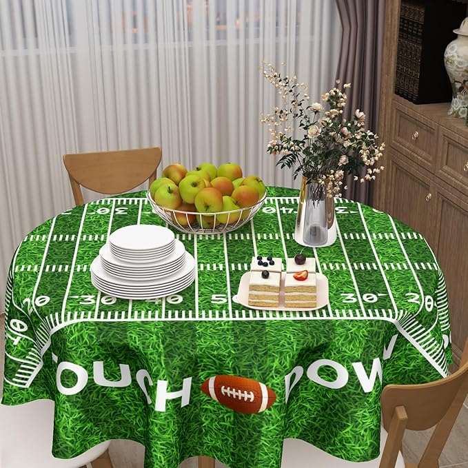 Football Round Tablecloth 70 Inch Rugby Football Pattern Circle Table Cloth Green Table Cover Washable Polyester Indoor Decorations for Home Kitchen Dinning Party