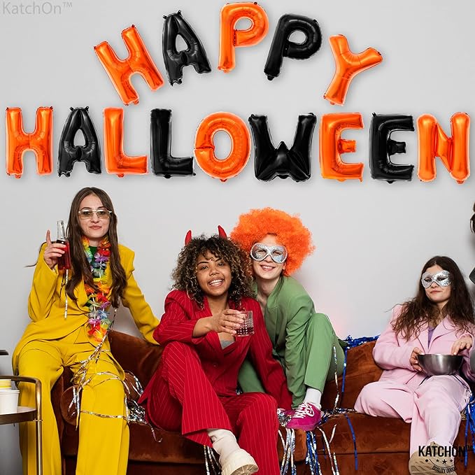 KatchOn, Happy Halloween Banner Balloons – 16 Inch, Pack of 14 | Orange and Black Foil Letters | Spooky Balloon Banner, Halloween Decor, Haunted House Decorations | Spooky One Birthday Decorations