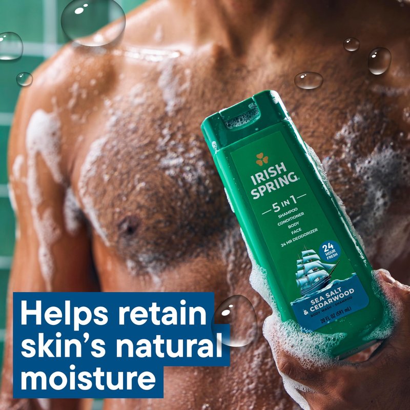 Irish Spring 5 in 1 Moisturizing Body Wash for Men, Shampoo, Conditioner, Body and Face Wash, and 24 Hour Deodorizer, Paraben-Free, Sea Salt & Cedarwood Scent, 20 fl oz, 4 Pack
