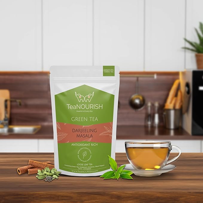 TeaNOURISH Darjeeling Masala Green Tea | Loose Leaves | Blended with Cardamom, Cinnamon, Black Pepper & Clove | 100% NATURAL | 50 Cups Hot or Iced Tea - 3.53oz/100g (Pack of 2)