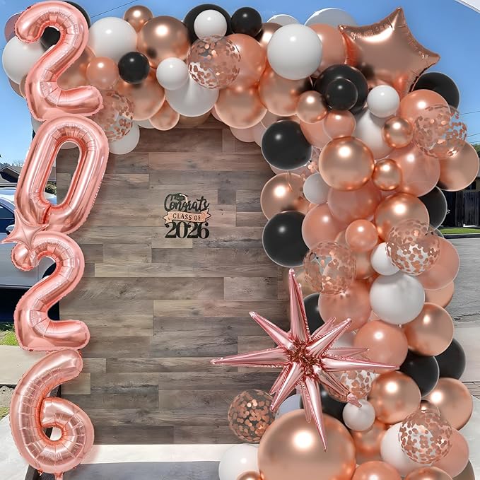 Graduation Balloon Garland Arch Kit for Graduation Decorations Class of 2026 - Rose Gold Black and White Balloons Different Sizes 5 12 18 Inch GraduationBalloons Arch for Grad Party Supplies