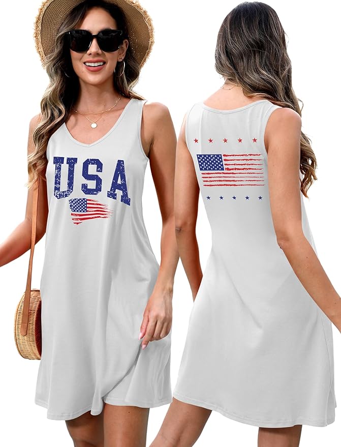 LHBNK 4th of July Dress for Women: American Flag Tank Dresses Star Striped Splicing Loose V Neck Sundresses