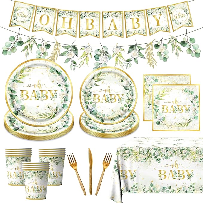 Sage Greenery Baby Shower Plates and Napkins Tableware Set Gender Neutral Baby Shower Decorations Oh Baby Plates and Cups and Napkins Sets Serves 24 for Baby Girl Boy Shower Decorations