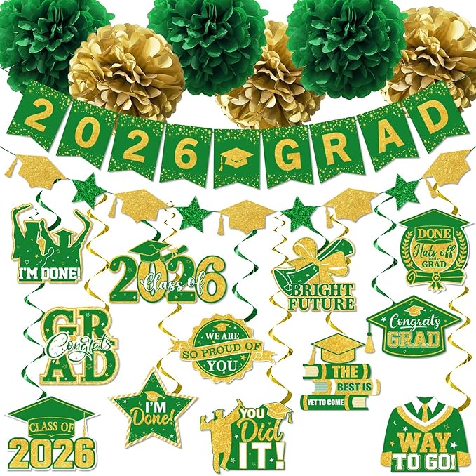 Green and Gold Graduation Decorations, 2026 Grad Banner and Congrats Grad Hanging Swirls, Green and Gold Graduation Banner Graduations Hanging Swirl College Graduations Party Decorations Class of 2026