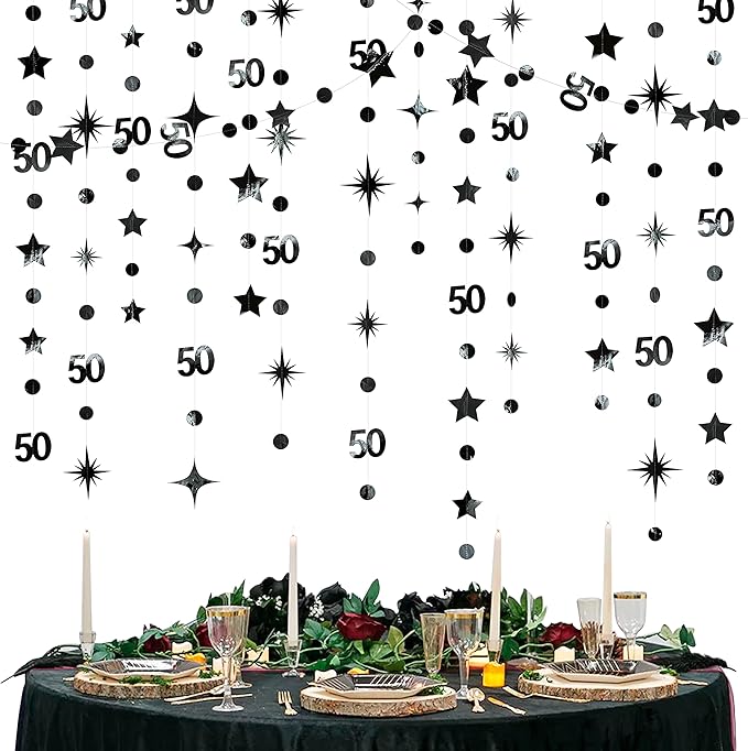 Black 50th Birthday Decorations Number 50 Circle Dot Twinkle Star Garland Metallic Hanging Streamer Bunting Banner Backdrop for 50 Year Old Birthday Happy 50th Anniversary Fiftieth Party Supplies