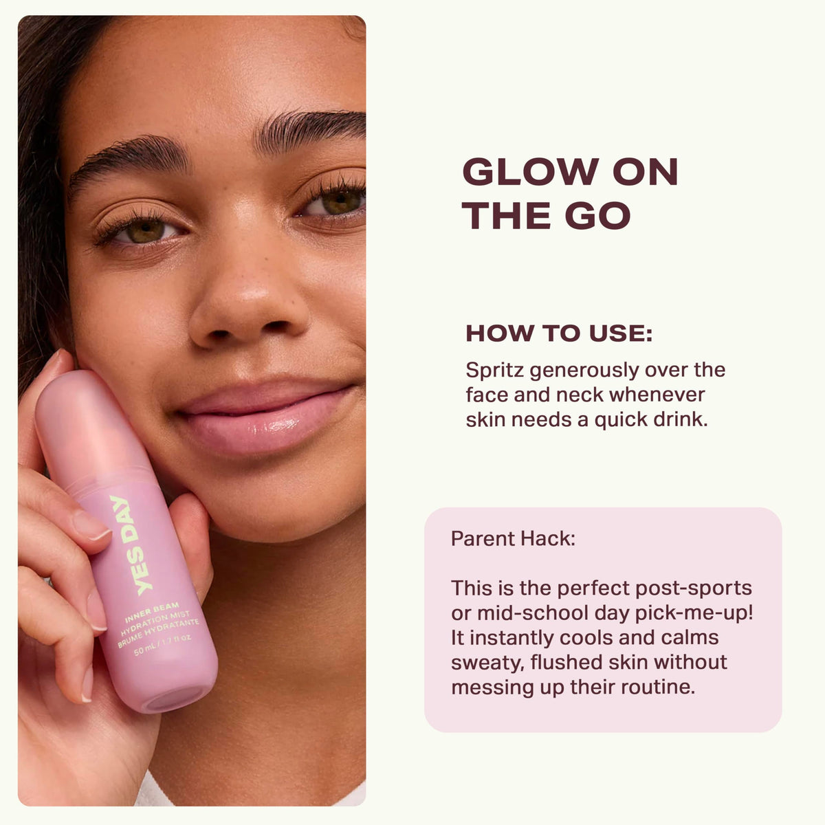 Yes Day Inner Beam Hydrating Face Mist for Teens – Travel Size Facial Spray for Teens & Ages 10 Up, with Kiwano Melon, Glucosamine & Polyglutamic Acid (50ml)