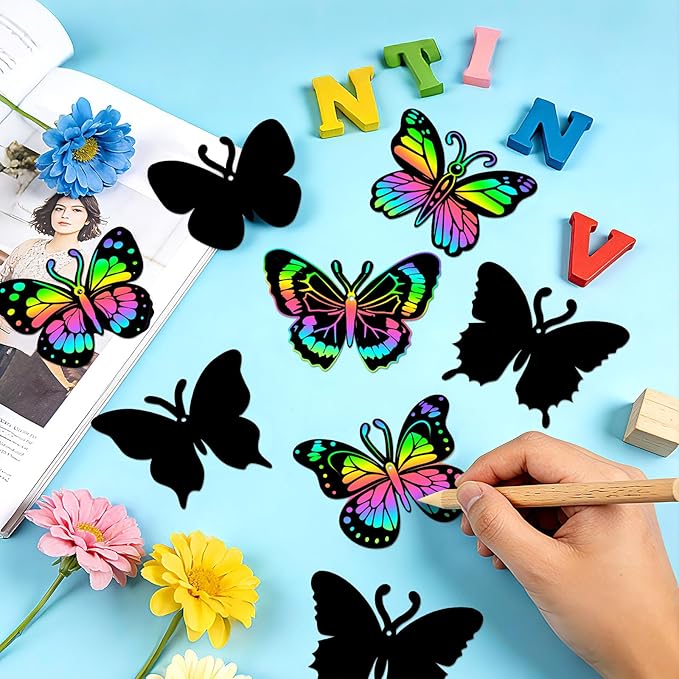 JULMELON 36 PCS Butterfly Scratch Cards, Rainbow Scratch Paper with 12 Bamboo Stylus Scratch Art for Kids Butterfly Party Favors Kids Crafts Bulk for Classroom Games DIY Handmade Family Party Gifts