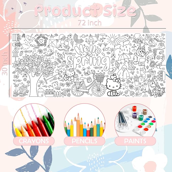 Spring Giant Coloring Tablecloth,Spring Crafts for Kids - 72x30 Inches, Paper Coloring Banner Games Activities Gifts Party Decorations