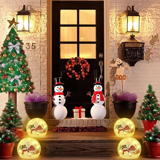2 Pcs Christmas Decorations Indoor Snowman Crackle Glass Globe 4" Ball Lamp Night Lights with LED Timer Battery Operated Lighted Christmas Table Decorations for Home Centerpiece Party Gift