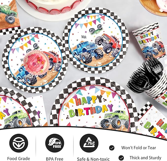 144pcs Monster Truck Birthday Party Supplies Plates Napkins Disposable Paper Cups and Straws Monster Truck Party Decorations Tableware Set for Kids Boys Birthday Decor 24 Guests