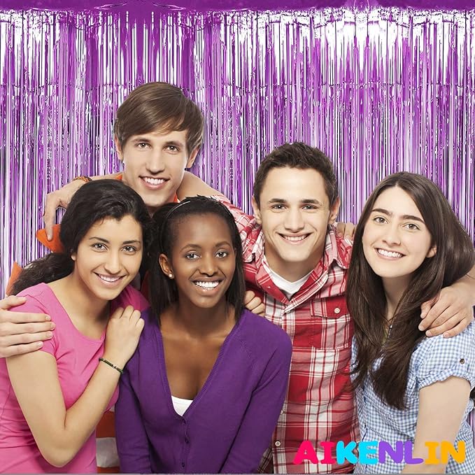 4 Pack Light Purple Foil Fringe Curtain Backdrop, 3.2Ft x 9.8Ft Metallic Tinsel Foil Fringe Streamers Curtains for Party, Photo Booth Props, Birthday, Wedding, Christmas Party Decoration Supplies