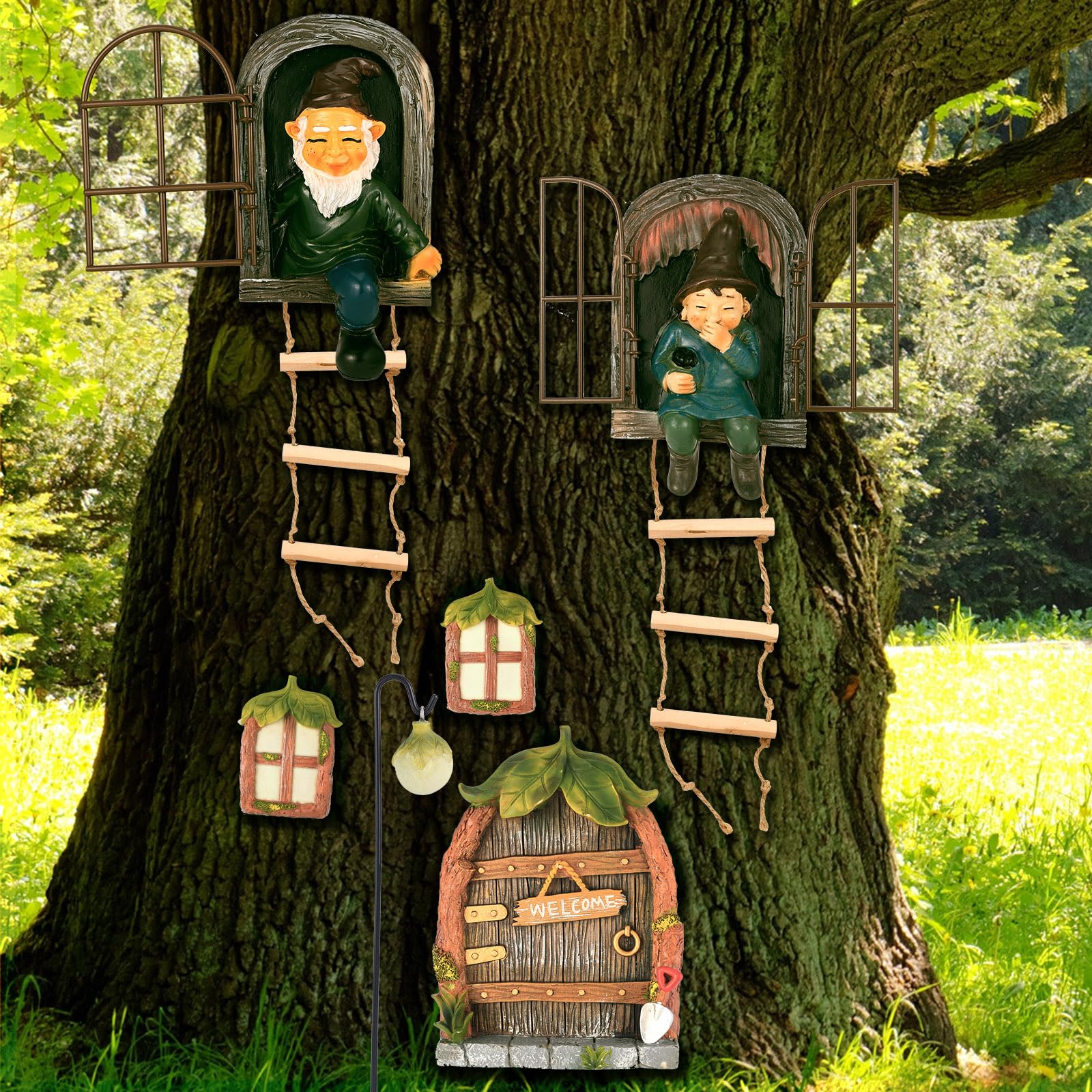 Czlotyh 7 Pcs Fairy Garden Accessories Tree Hugger Gnome Statue Tree Faces