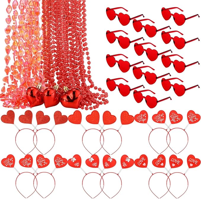 Kanayu 36 Pcs Valentine's Day Accessories Set Include 12 Heart Headbands 12 Glasses and 12 Heart Beaded Necklace for Valentine Props Party Costume Supplies Accessory(Red)