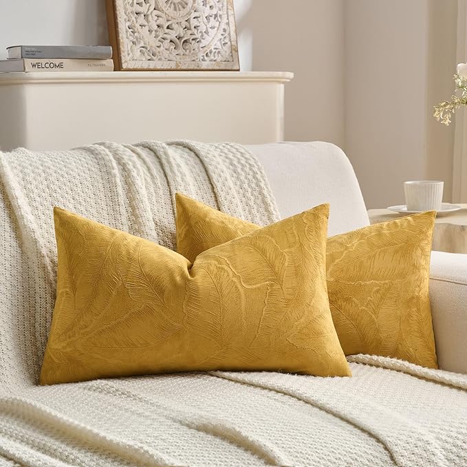 FUTEI Golden Yellow Velvet Throw Pillow Covers 12x20 Inch Set of 2,Soft Embossed Leaf-Relief Textured Lumbar Pillow Cases,Natural Home Decor for Couch Living Room