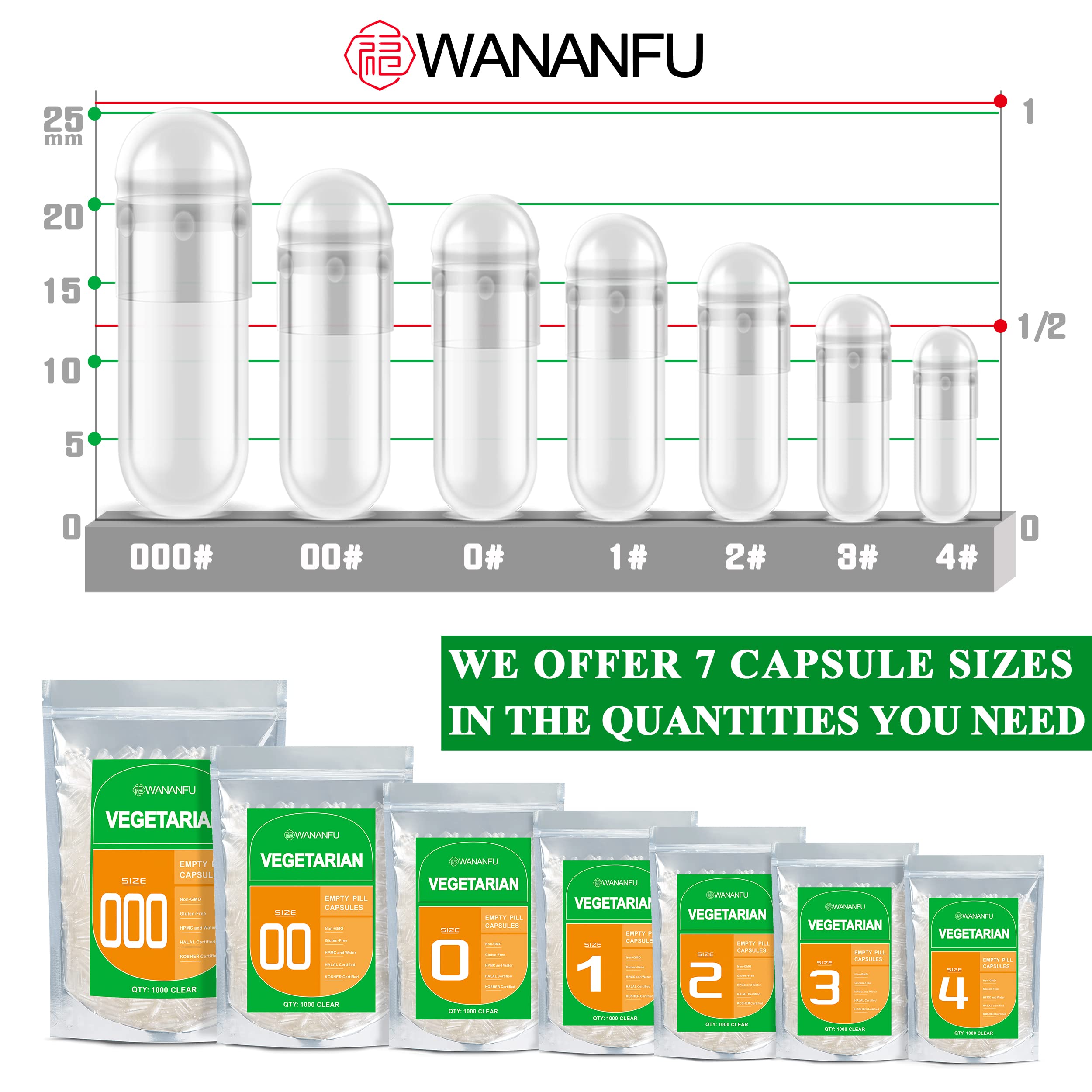 wananfu Size 1 Empty Capsules Vegetarian (1000 Count) Bundle with Micro Lab Spoon, Clear Fillable Veggie Pill Capsules Size 1 for Making Your Own Supplements