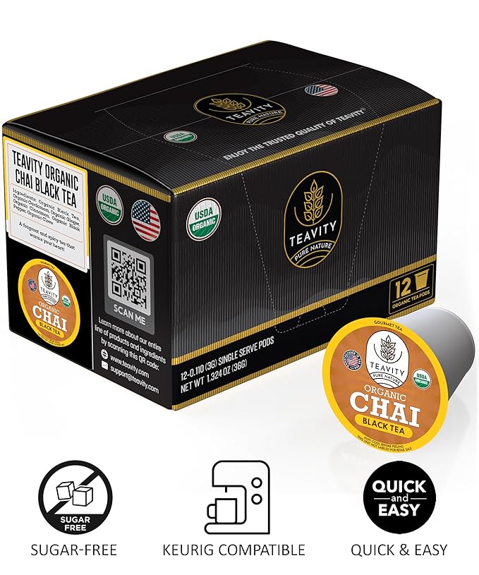 Organic Chai Black Tea Pods for Keurig Naturally Caffeinated by Teavity (24 Tea Pods)