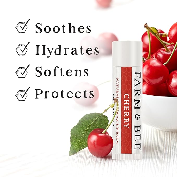 Natural Lip Balm - Organic & Natural Ingredients - Beeswax Based Moisturizing Lip Care Chapstick for Chapped Lips - Great Gift Idea - Farm & Bee - 0.15oz (Pack of 4 - Cherry)