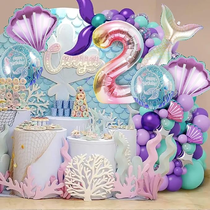 Mermaid Birthday Decorations Mermaid Balloons - Number 2 Balloons for Girls Under The Sea Mermaid Theme Baby Shower Birthday Favors